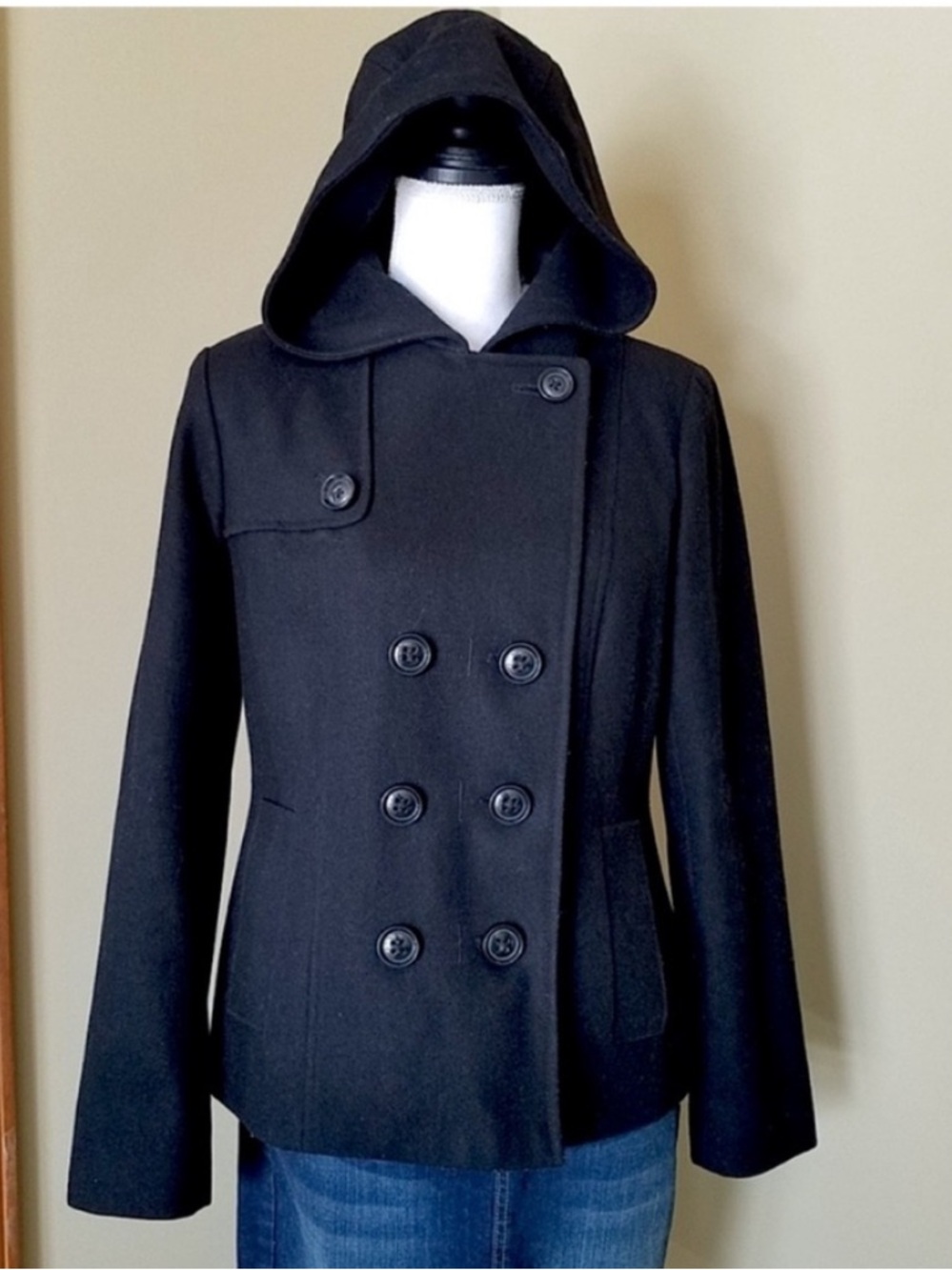 NAUTICA Black Hooded Wool Double Breasted Peacoat